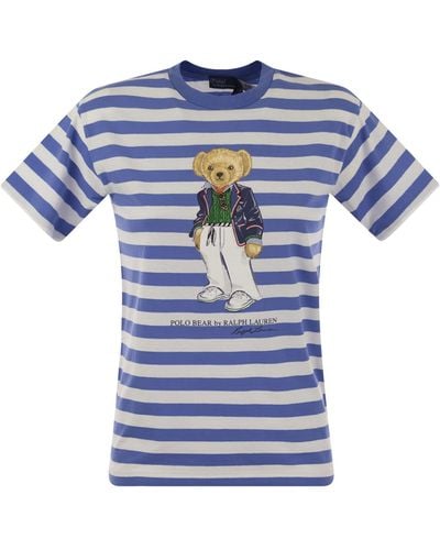 Ralph Lauren Polo Bear Gestreepte Katoenen T -shirt - Blauw
