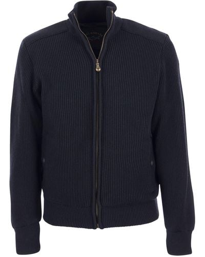 Paul & Shark Wool Cardigan With Zip And Iconic Badge - Blue