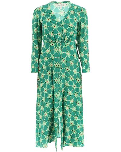 Saloni 'Lea' Robe Chemise Longue En Crêpe De Soie Vert Soie