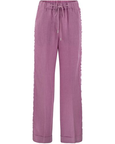 Peserico Linen Pants With Side Fringes - Purple