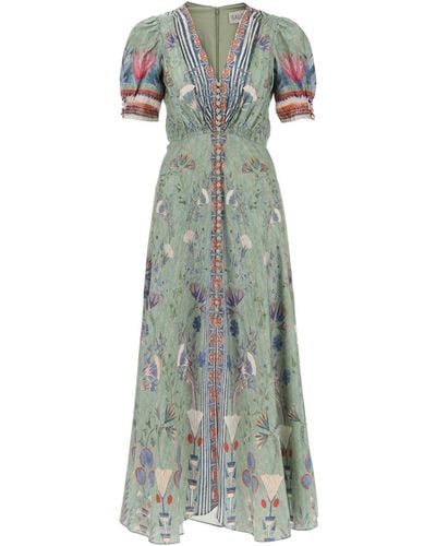 Saloni 'Lea' langes Kleid in gedruckter Seide - Grün