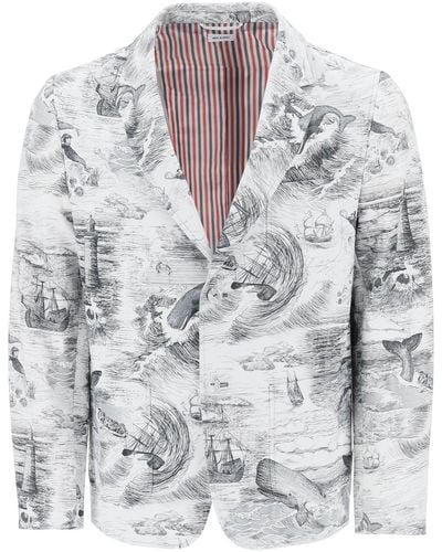 Thom Browne Deconstructed Single Breasted Jacket With Nautical Toile Motif - Gray