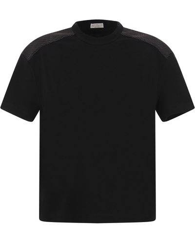 Brunello Cucinelli Stretch Cotton Jersey T -shirt Met Glanzende Schouders - Zwart