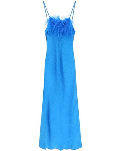 Art Dealer Kunsthändler 'Ella' Maxi Slip -Kleid in Jacquard Satin mit Federn - Bleu