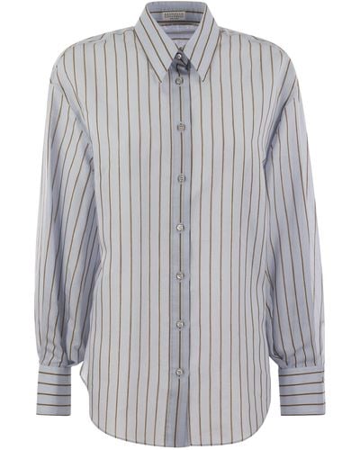 Brunello Cucinelli Sprudelstreifen -Baumwollseide Popel -Hemd mit Halskette - Grau