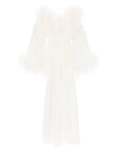 Art Dealer Kunsthändler 'Bettina' Maxi Kleid in Satin mit Federn - Blanc