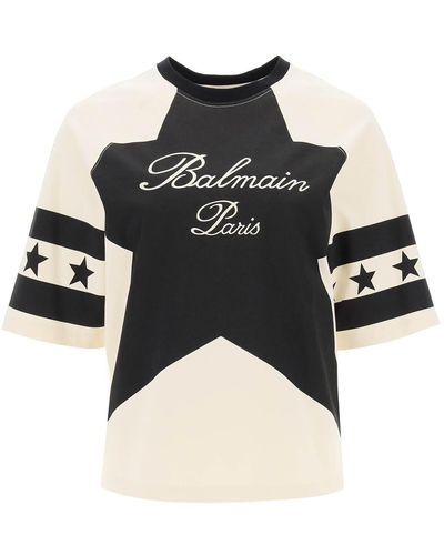 Balmain Cropped T -Shirt mit Stern- und Logoabzügen - Schwarz