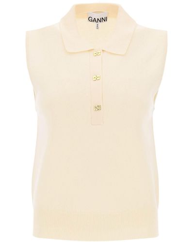 Ganni Mouwloos Poloshirt In Wol En Kasjmier - Naturel