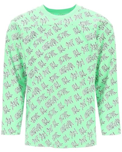 ERL T Shirt A Manica Lunga 'Waffle' Con Stampa All Over - Verde