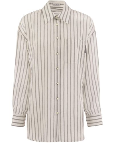 Brunello Cucinelli Cotton Silk Organza Stripe Shirt Met Glanzend Tabblad - Wit