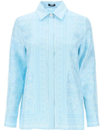 Versace Camicia Barocco In Twill Di Seta - Blu