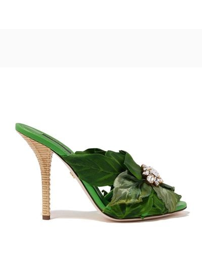 Dolce & Gabbana Keira Jungle Leaf Satin Mules - Green