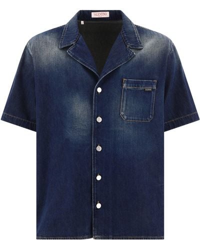 Valentino Cotton Bowling Shirt In Denim Chambray - Blauw