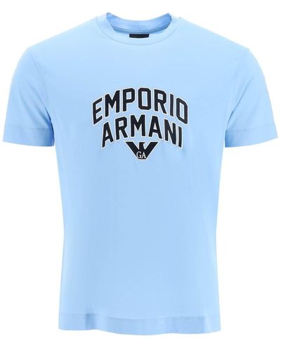 Emporio Armani T-shirt Van Lyocell En Katoen Met Geborduurd Logo - Blauw