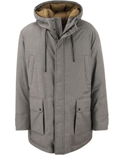 Peserico Long Down Jacket In Soft Technical Pure Wool Flannel - Gris
