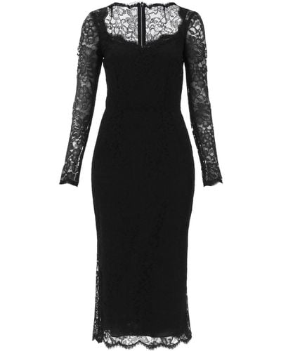 Dolce & Gabbana Midi -jurk In Bloemen Chantilly Lace - Zwart