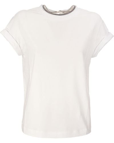 Brunello Cucinelli Stretch Cotton Jersey T -shirt Met Kostbare Faux Gelaagdheid - Wit