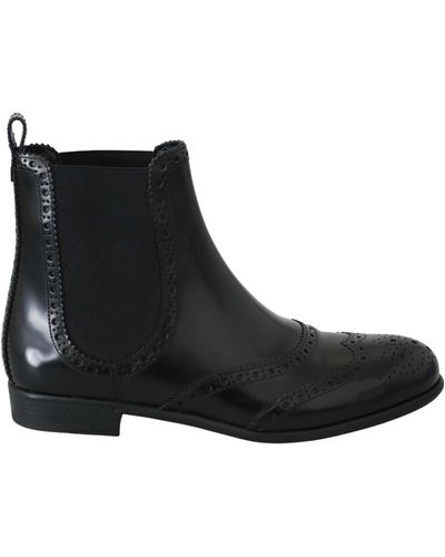 Dolce & Gabbana Zwart Lederen Enkel Hoge Platte Laarzen Schoenen