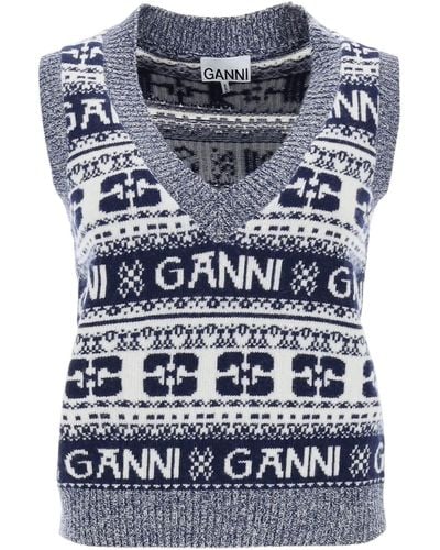 Ganni Blue Logo Wool Mix Weste - Mehrfarbig