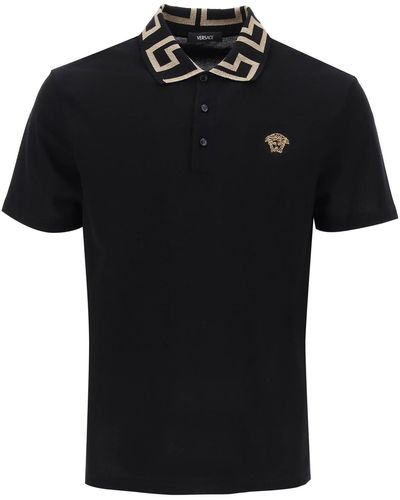 Versace Taylor Fit Polo camisa con cuello greca - Negro