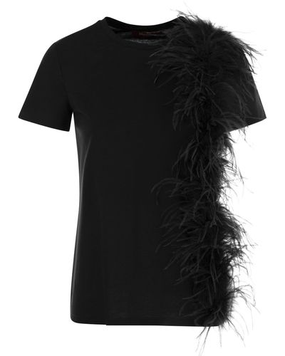 Max Mara Studio Lappole Jersey T Shirt With Feathers - Black