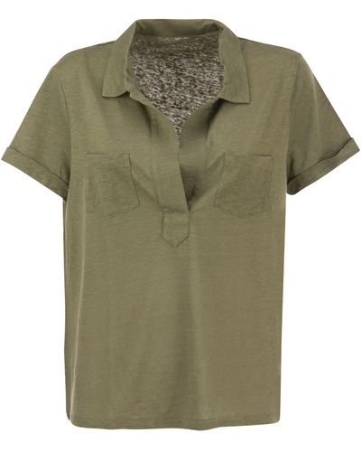 Majestic Short Sleeved Linen Polo Shirt - Green
