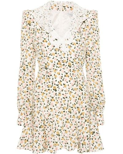 Alessandra Rich Flower Print Silk Short Dress - Naturel