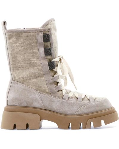 Brunello Cucinelli Suede And Canvas Boots With Precious Eyelets - Natural