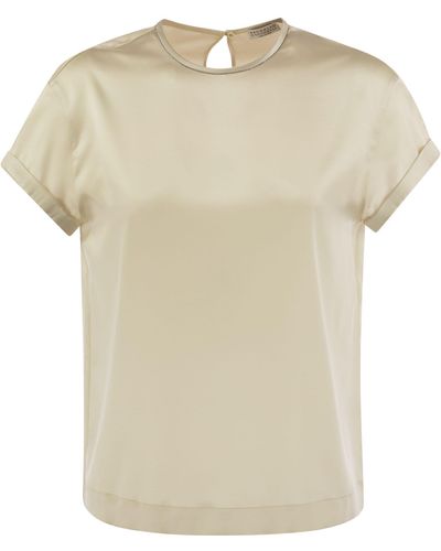 Brunello Cucinelli Stretch Silk Satin T -Shirt mit Halskette - Natur