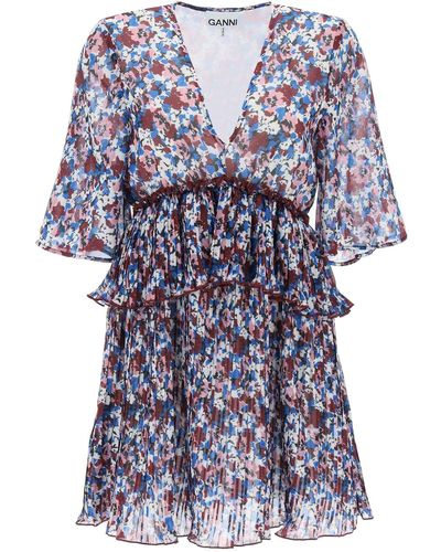 Ganni Geplooide Mini -jurk Met Bloemenmotief - Blauw