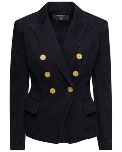 Balmain Denim Blazer Met Dubbele Rij Knopen - Blauw