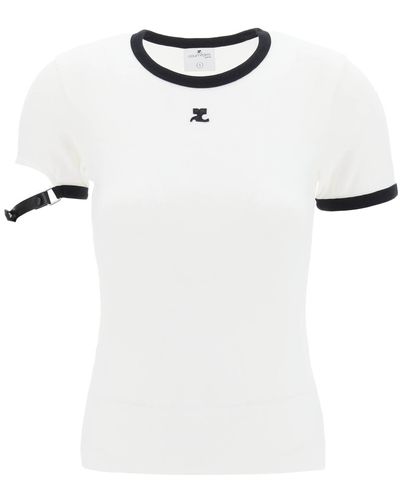 Courreges T Shirt Con Cinturino In Pelle Sulla Manica - Bianco