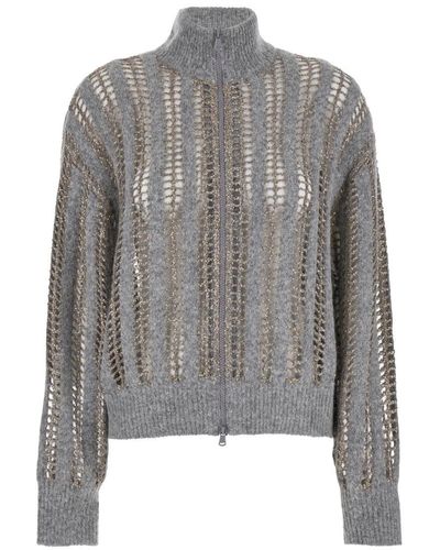 Brunello Cucinelli High Neck Cardigan With Diamond Yarn And Sequins - Grey