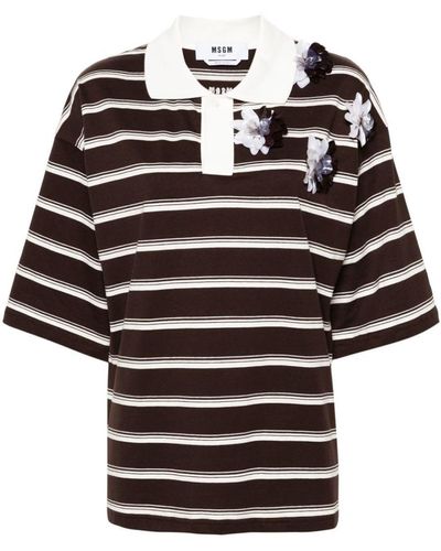 MSGM Striped Cotton Polo Shirt With Applied Flowers - Black