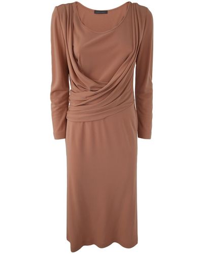 Alberta Ferretti Long Sleeves V Neck Midi Dress Clothing - Brown
