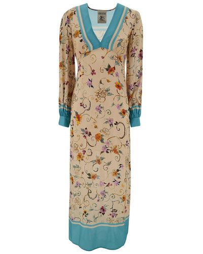 Semicouture 'giovanna' Long Light Blue And Beige Dress With Floreal Print In Viscose Woman - Metallic