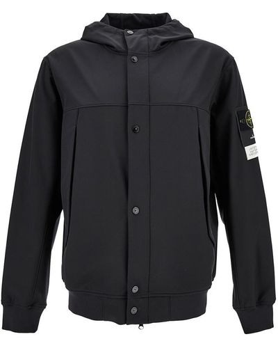 Stone Island Black Hooded Jacket With Logo Patch In Stretch Nylon Man - Blue