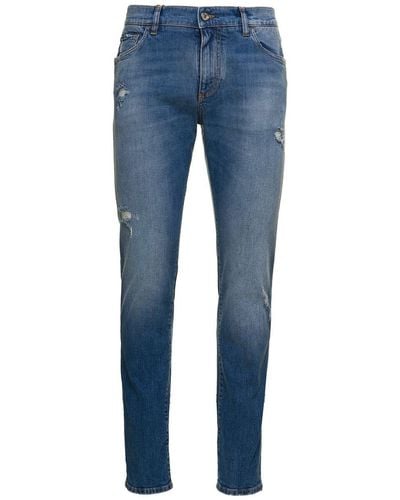Dolce & Gabbana E Distressed Slim-fit Jeans In Cotton Denim Man Dolce & Gabbana - Blue