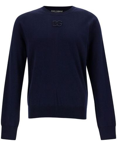 Dolce & Gabbana Blue Crewneck Jumper With Tonal Logo Embroidery In Wool Man