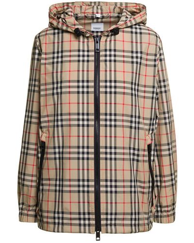 Burberry Beige Vintage Check Rain Jacket With Fixed Hood In Tech Fabric Woman - Natural