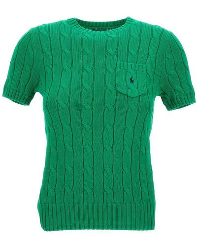 Ralph Lauren Green Cable Knit T-shirt With Embroidered Logo In Cotton