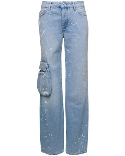 Off-White c/o Virgil Abloh Light E Jeans With Cargo Pocket And Paint Stains In Cotton Denim Woman - Blue