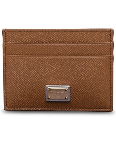 Dolce & Gabbana Grained Leather Logo Plaque Cardholder. - Brown