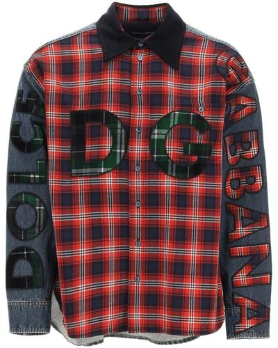 Dolce & Gabbana Oversized Denim And Flannel Shirt With Logo - Red