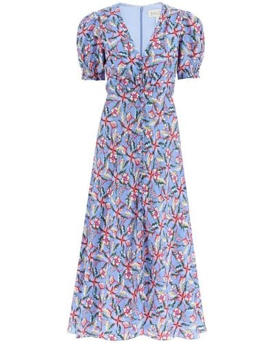 Saloni 'lea' Long Dress In Printed Silk - Blue