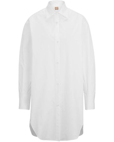 BOSS Longline Blouse In Cotton Poplin With Point Collar - White