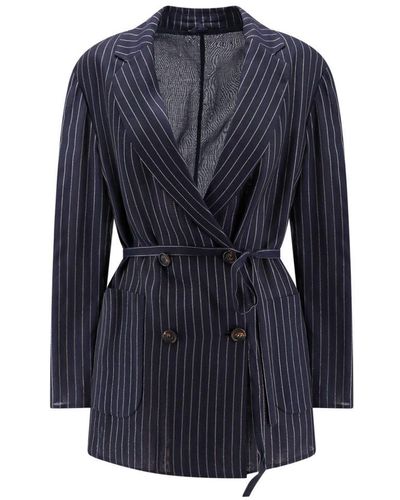 Brunello Cucinelli Sparkling Stripe Cotton Gauze Jacket With Belt And Necklace - Blue