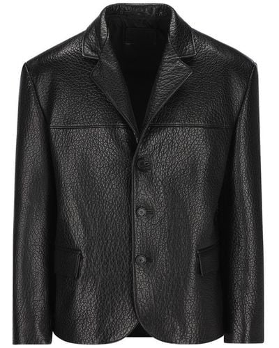 Prada Single-breasted Long-sleeved Leather Jacket - Black