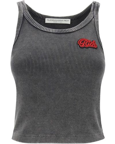 Alessandra Rich Ribbed Tank Top With Logo Patch - Grey