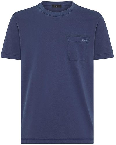 Fay Cotton T-Shirt With Front Pocket And Logo - Blue